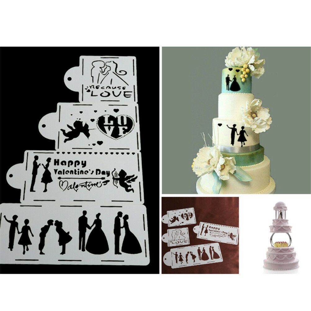 4X/Set Lovers heart wedding cake Mould Spray Cake Templates Stencil Mold ToolRDD