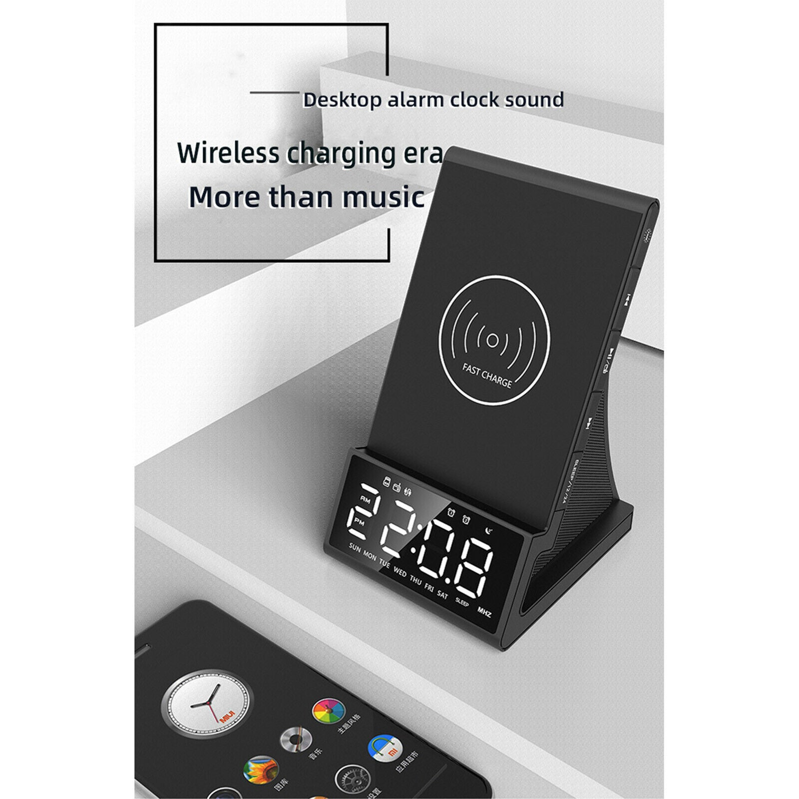 Alarm Clock 2in1 Fast Charging Pad Speaker for Phones Desktop Home Working