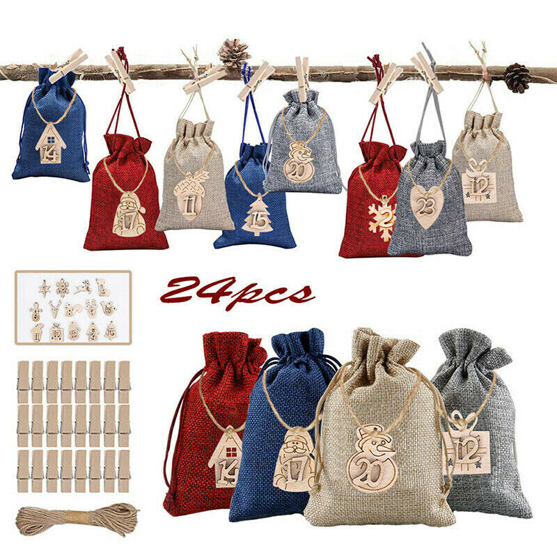 24PACK Christmas Advent Calendar Bags 24Days Embellishments Wooden Listing Label