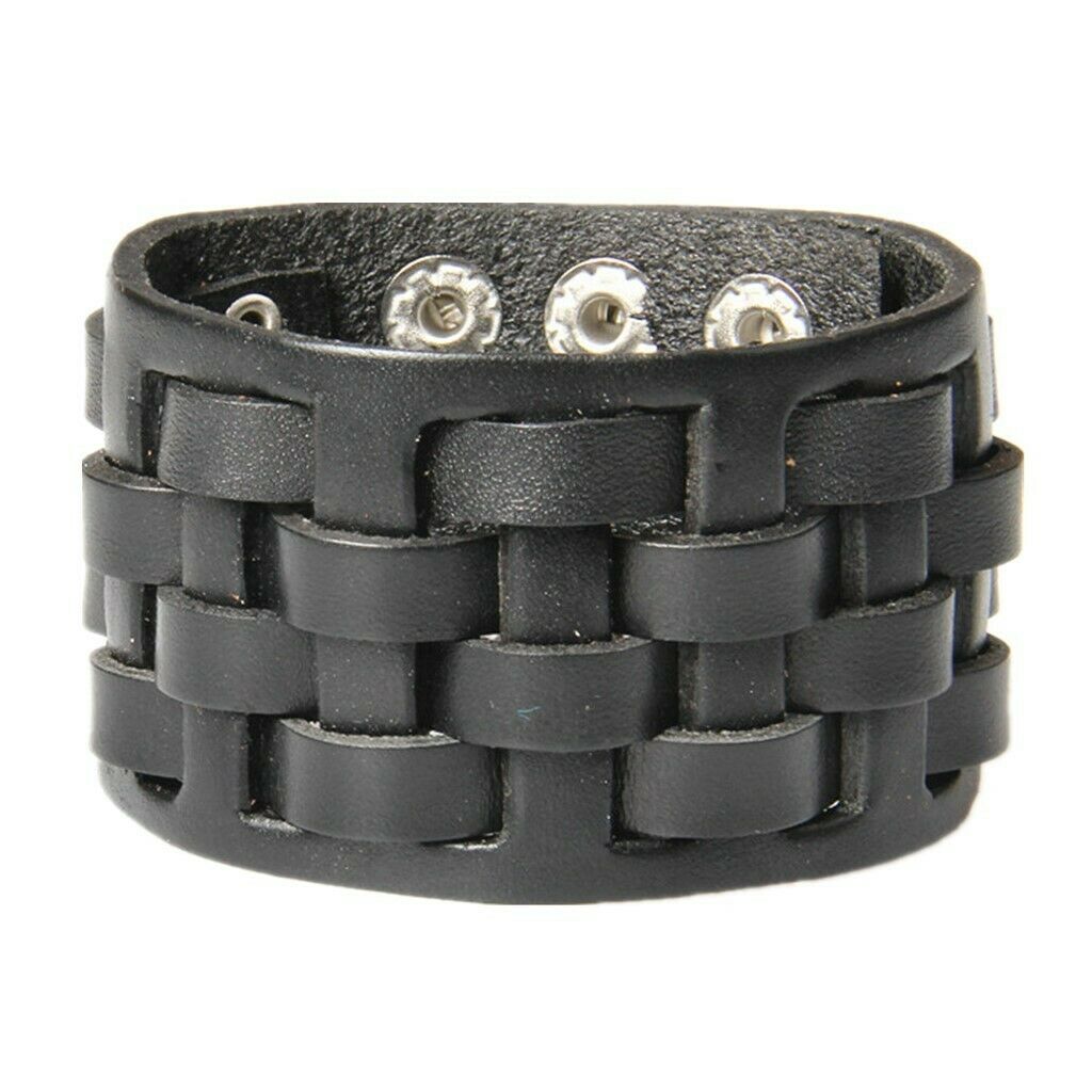 Punk Unisex Men PU Leather Bracelet Cuff Braided Wide Wristband Bangle Black