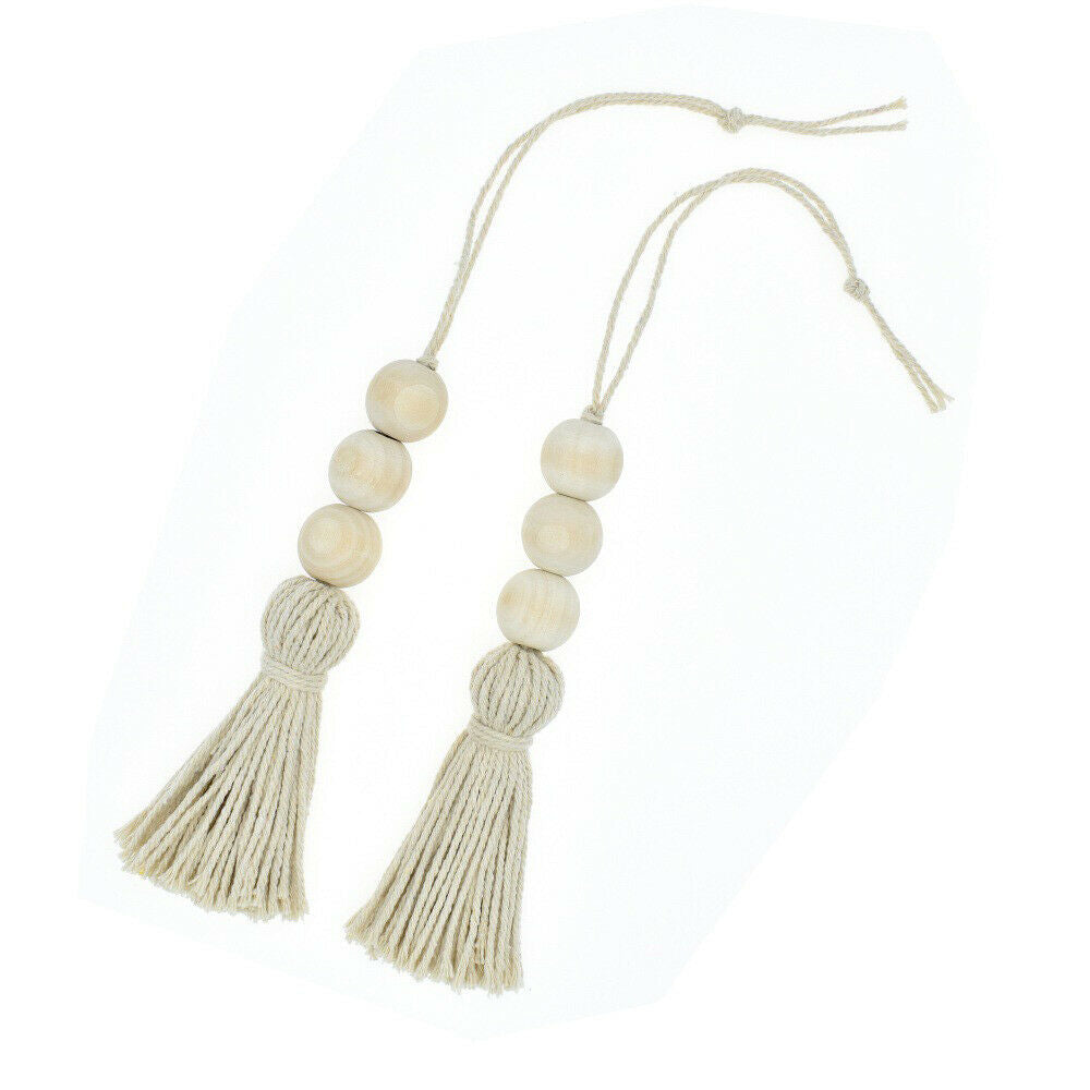 2x Natural Cotton Thread Wooden Bead String Tassel Closet Door Drawer Handle