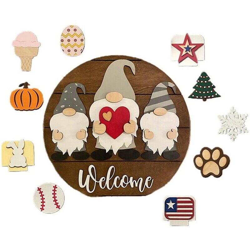 Gnome Door Hanger Seasonal Welcome Sign with Interchangeable Holiday Pieces E1A7