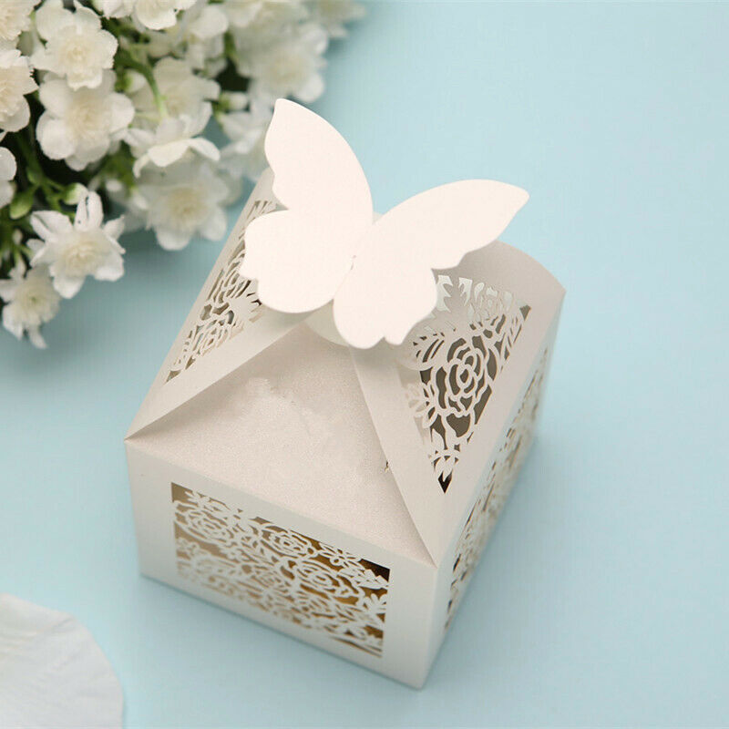 50pcs Hollow Rose Flower Wedding Butterfly Candy Boxes Gift Favor White