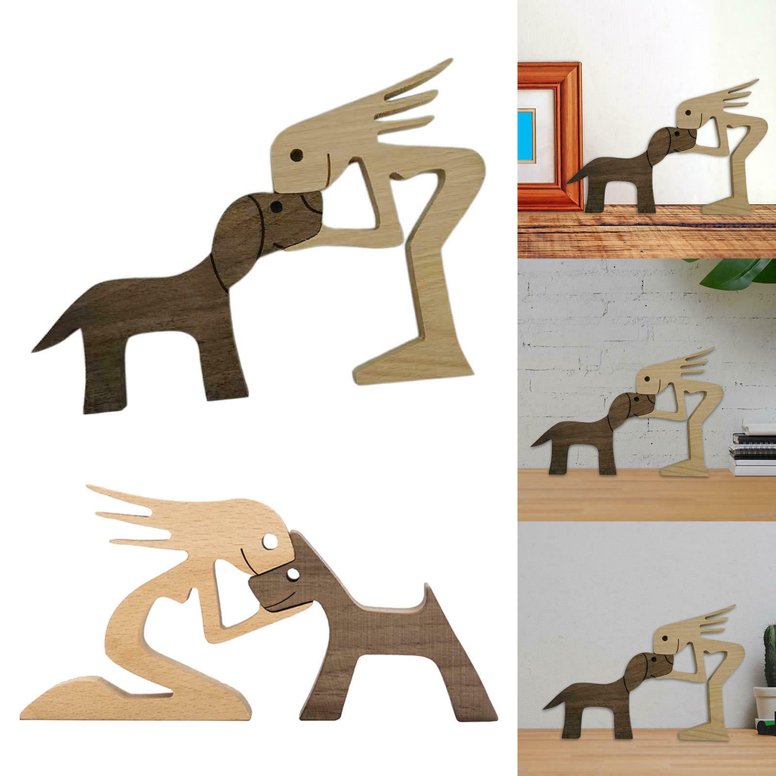 2pcs Wood Carving Cute*Dog Statue Pet Sculpture Statue Bookcase Shelf Decor