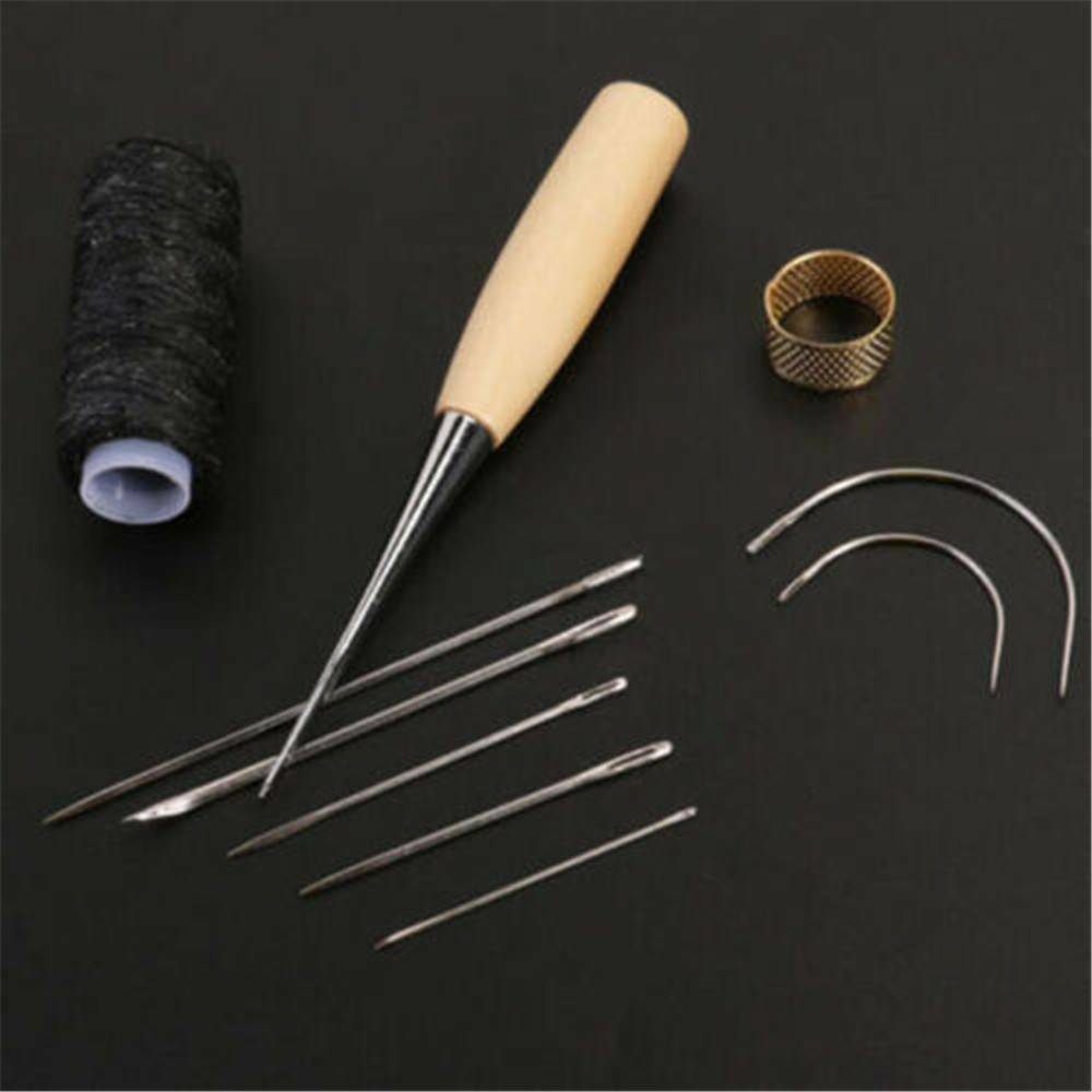 10pc Sewing Needles Stitching Leather Waxed Thread Cord Sew Drilling Awl Thimble