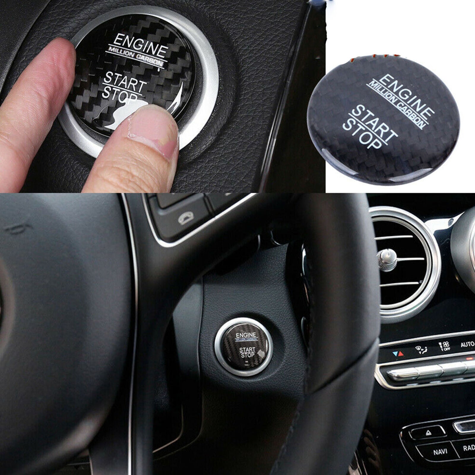 Black Carbon Fiber Engine Start Stop Button Cover Cap Trim For Mercedes-Benz