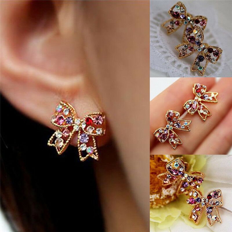 Charming Girl's Colorful Crystal Rhinestone Golden Bowknot Charm Stud Earr.l8