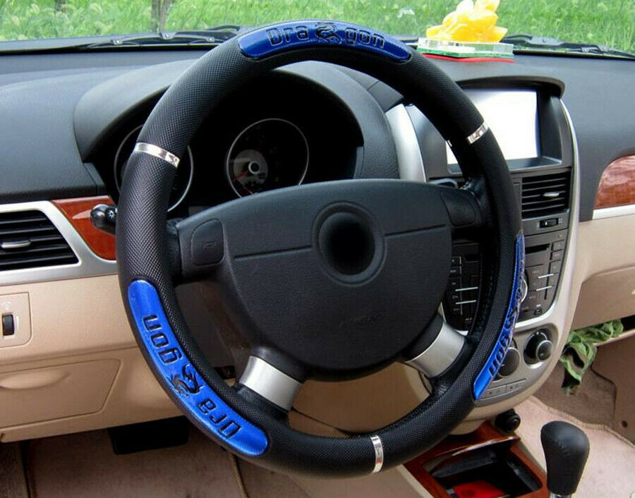 38 cm Black Leather Texture Blue Dragon Word Design Stylish Steering Wheel Cover