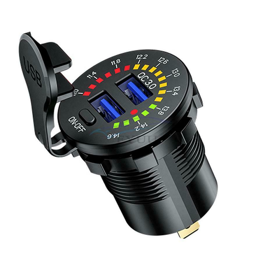 1PCS Car Motorcycle QC 3.0 Dual USB Charger with LED Voltmeter Switch Universal