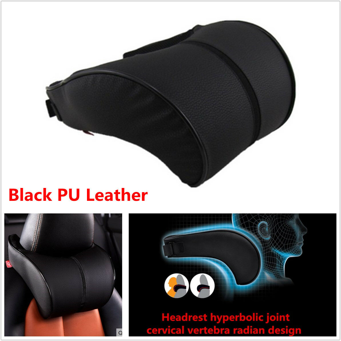 1xErgonomic Headrest Black PU Leather Auto Car Headrest Neck Rest Cushion Pillow