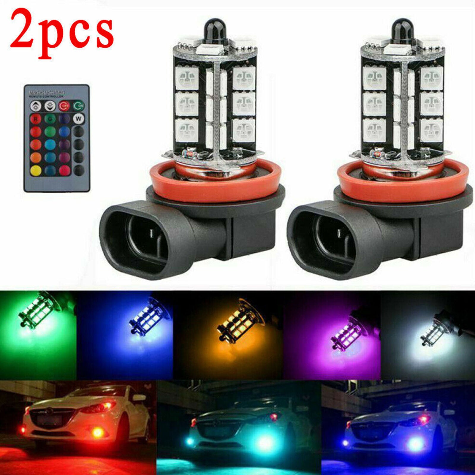 2X RGB Remote Control H8 H9 H11 5050 27SMD Color Changing Auto LED FogLight Bulb