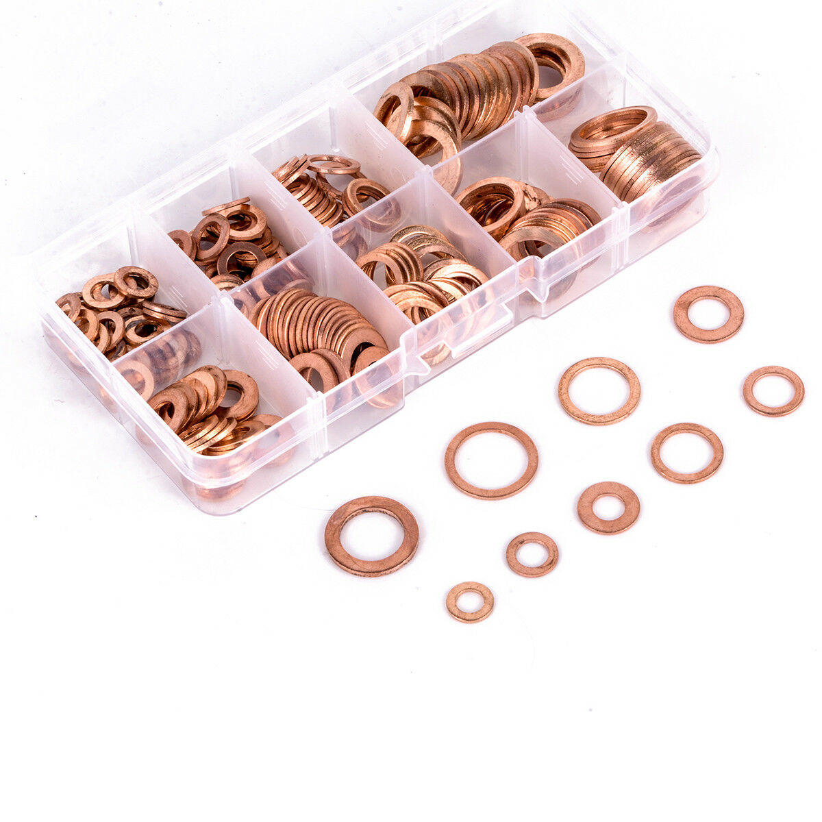 200Pcs Solid Copper Washers Sump Plug Assorted Washer Car Set Plastic Box New