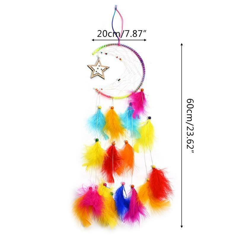 Colorful Feather Pendant Dream Catcher Moon Star Design Woven Wall Hanging Decor