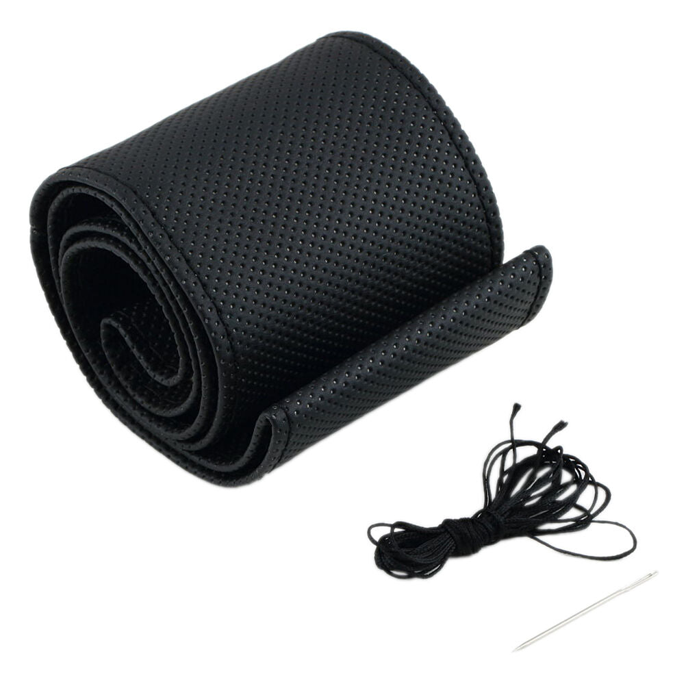 Car Truck Leather Steering Wheel Cover With Needles and Thread Black DI.l8