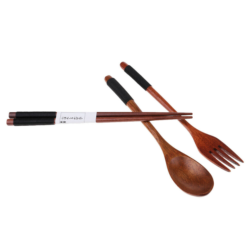 Portable Travel Camping Compact Utensil Set Wood Spoon Fork Chopstick Black