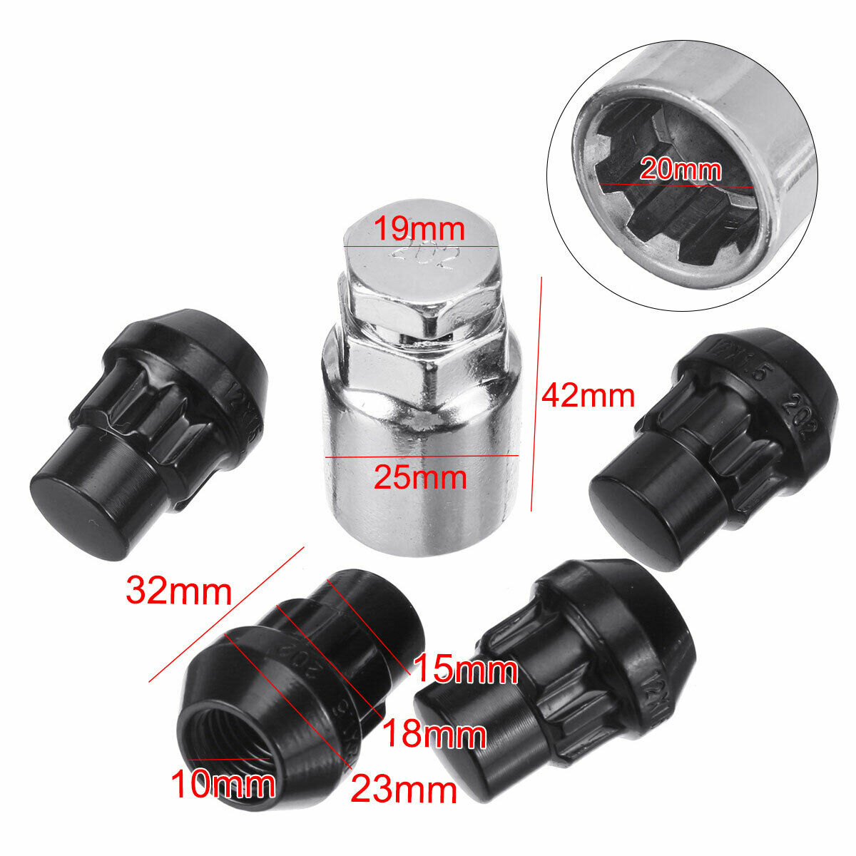 4pc M12 x 1.5 Locking Wheel Nuts Tapered Seat Black Inc Key For Ford Focus