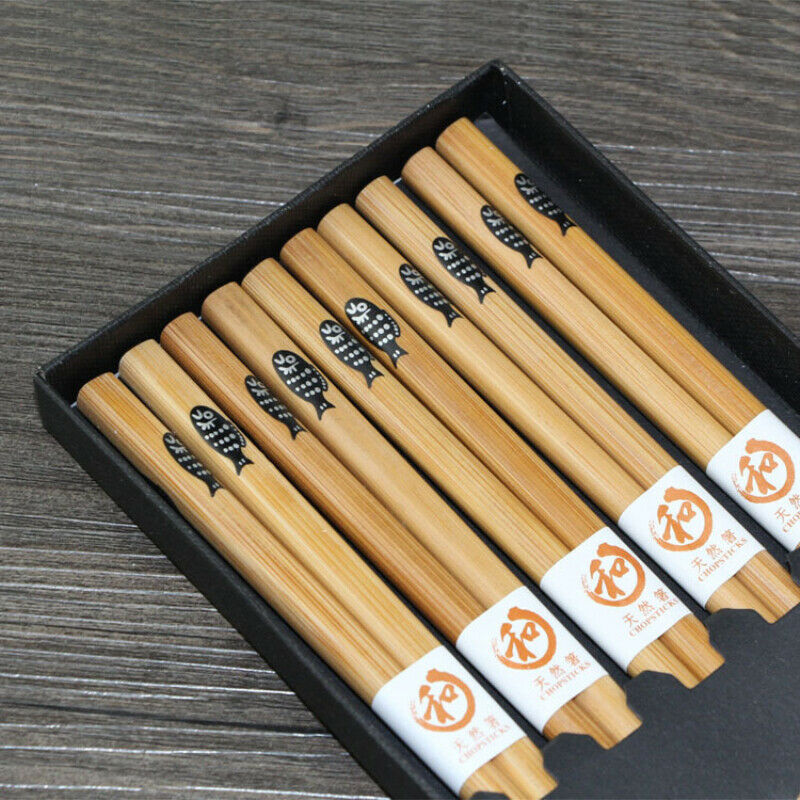 5 Pair Bamboo Chopsticks Chinese Wooden Chopstick Stir Fry Home Gift Boxed Set