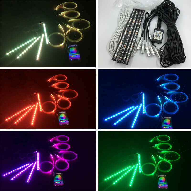 10x RGB LED Bluetooth Car Under Dash Door Light 8M Glass Fiber Strip iOS Android