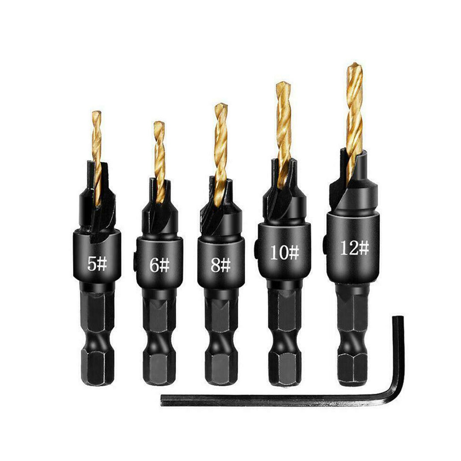5Pcs 5 Flutes 6-12# Carpentry Countersink Drill Bit Set 1/4" Hex Shank HSS