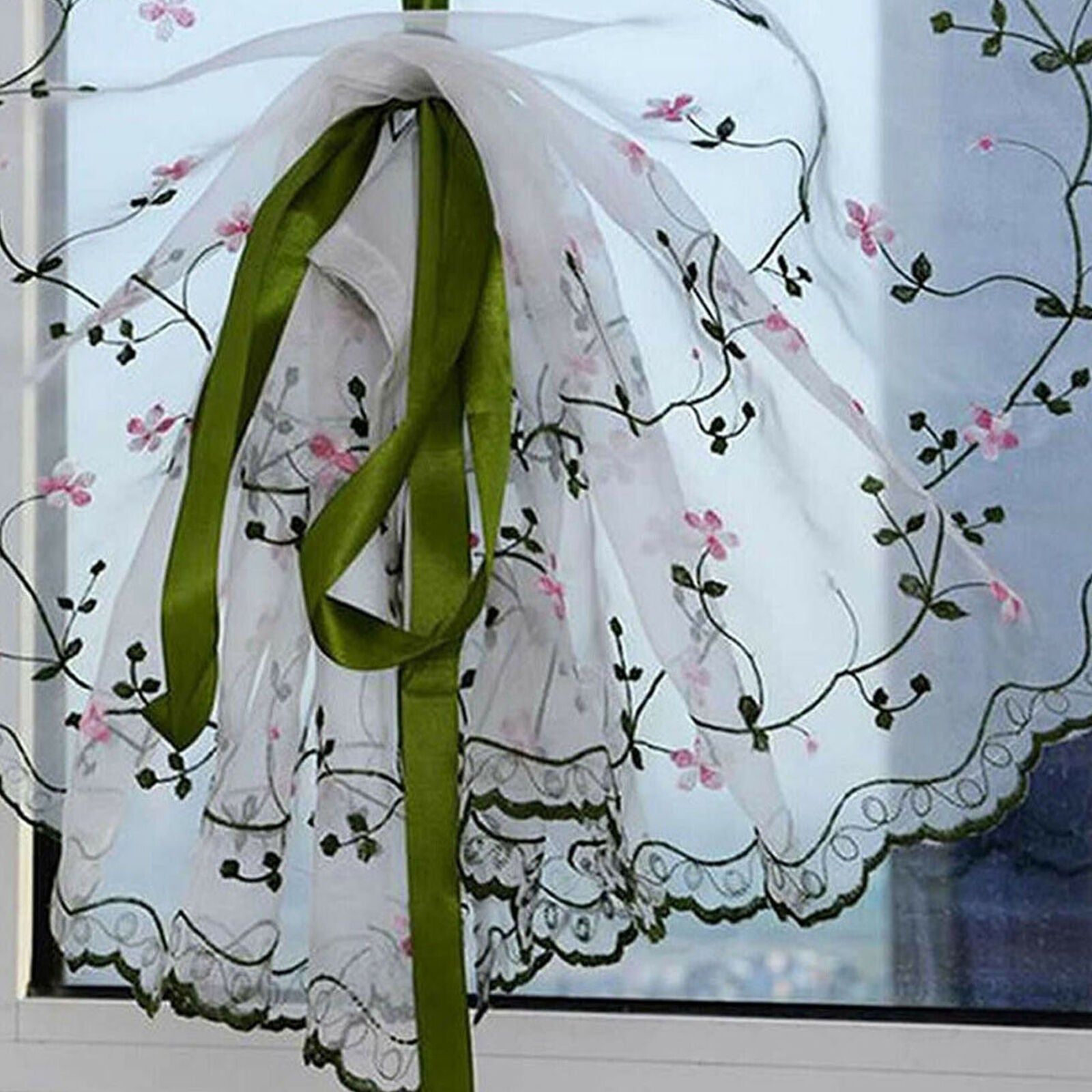 Fresh Hand Embroidered Floral Shade Sheer Voile Door Window Cafe Kitchen Curtain