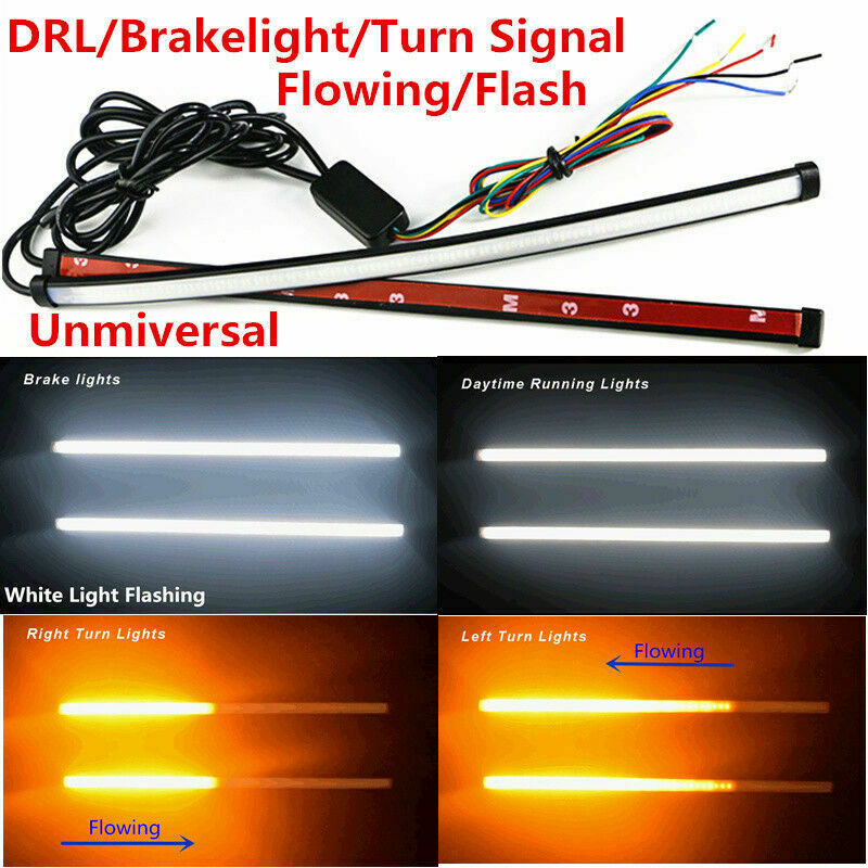 1 Pair 30cm Amber Flowing Turn Signal Light Bar White DRL &Brake LED Tube Strip