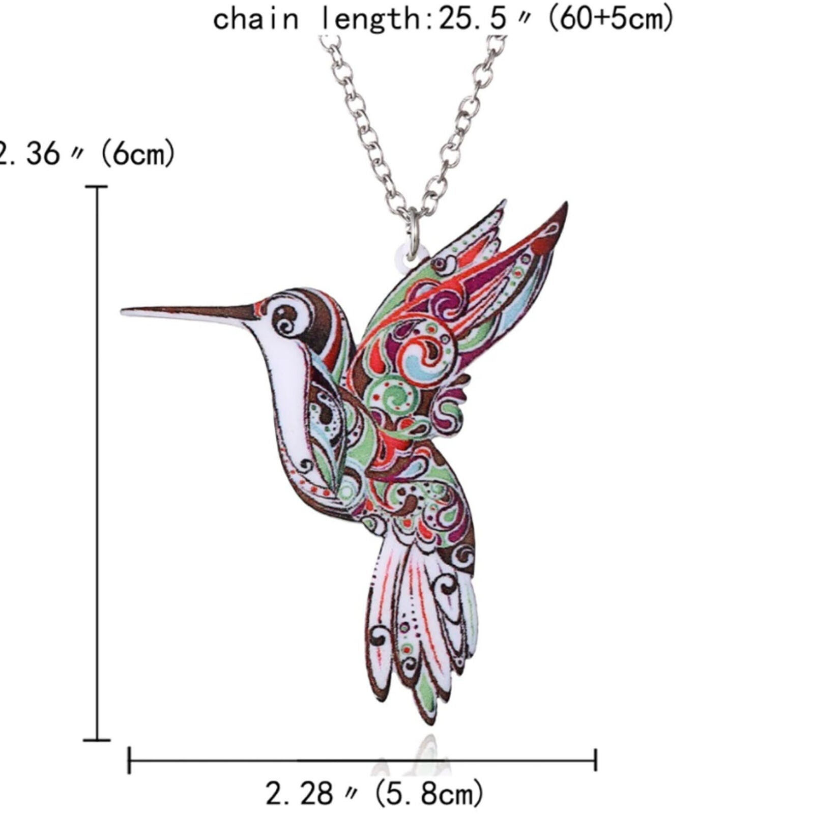 Colorful Acrylic Hummingbird Charm Pendant Necklace w/ Chain Bird Theme
