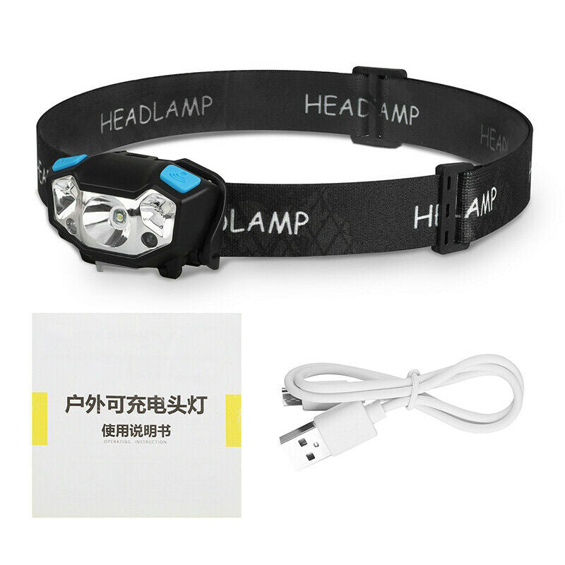 LED Headlamp USB Rechargeable Motion Sensor Head Lamp Headlight Flashlight+Cable