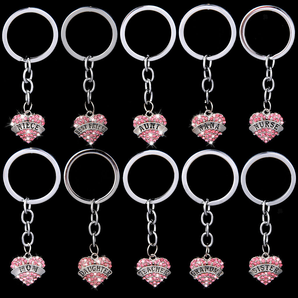 2x Pink Diamante Crystal Heart Pendant Sister Keychain Key Chain Xmas Ring Gift