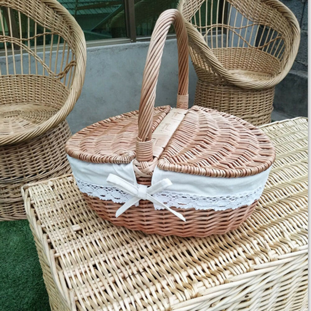 Handmade Large Wicker Basket W/ Handle Double-Lid Willow Woven Storage Hamper