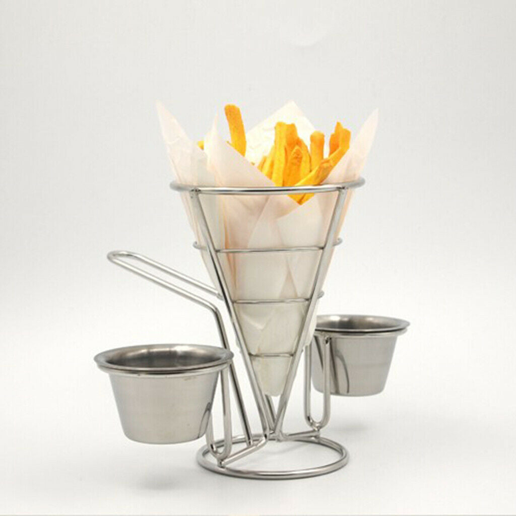 French Fry Holder Stand Cone Rack Snack Basket with 2 Dip Dishes Kitchen