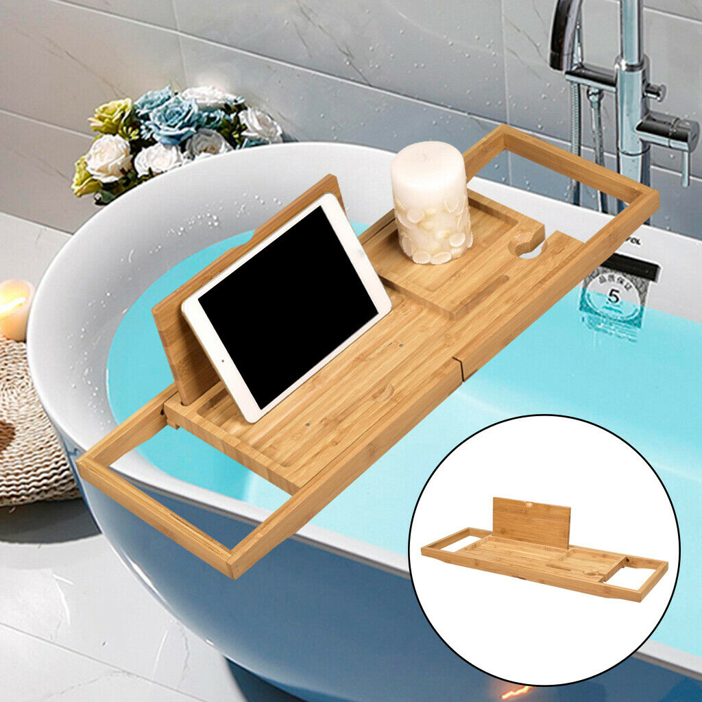 Wooden Bath Caddy Tray Extendable Bathtub Bridge Board Shelf Wine Holder