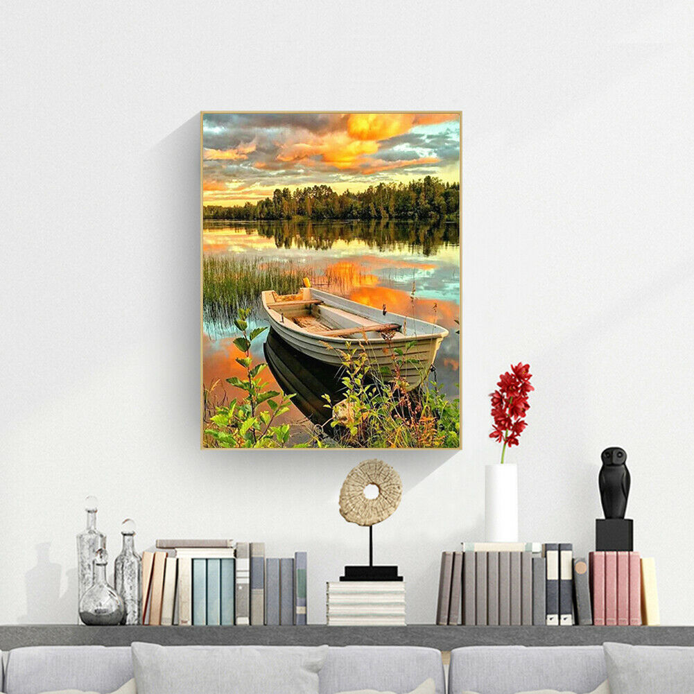 Lake Boat 5D DIY Full Square Drill Diamond Painting Rhinestone Decor Crafts @