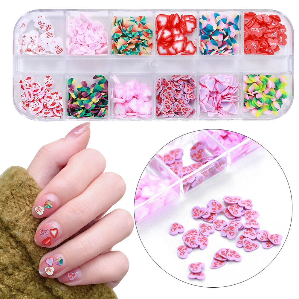 12 Grids Heart Nail Art Decoration Polymer Clay Slices Nail Art Decals Tips US