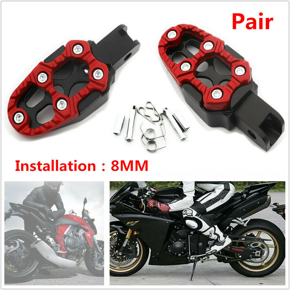 2PCS Motorcycle Bike Pedal Non-slip Backfoot Foot Peg Red Belt Spring 8MM Black
