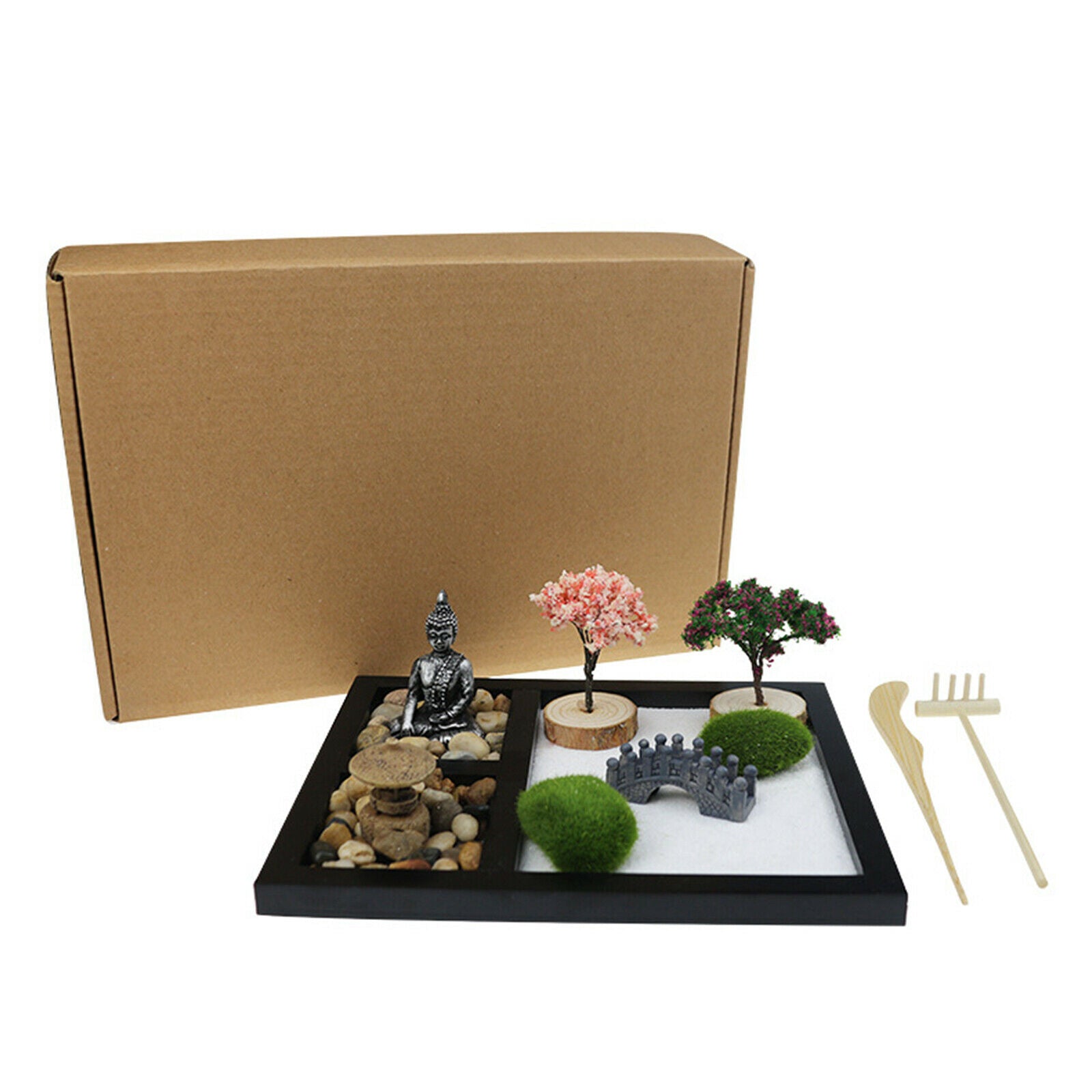 Mini Zen Garden 3 Grids Sand Tray Buddha Statues Desk Gifts Stress Relief