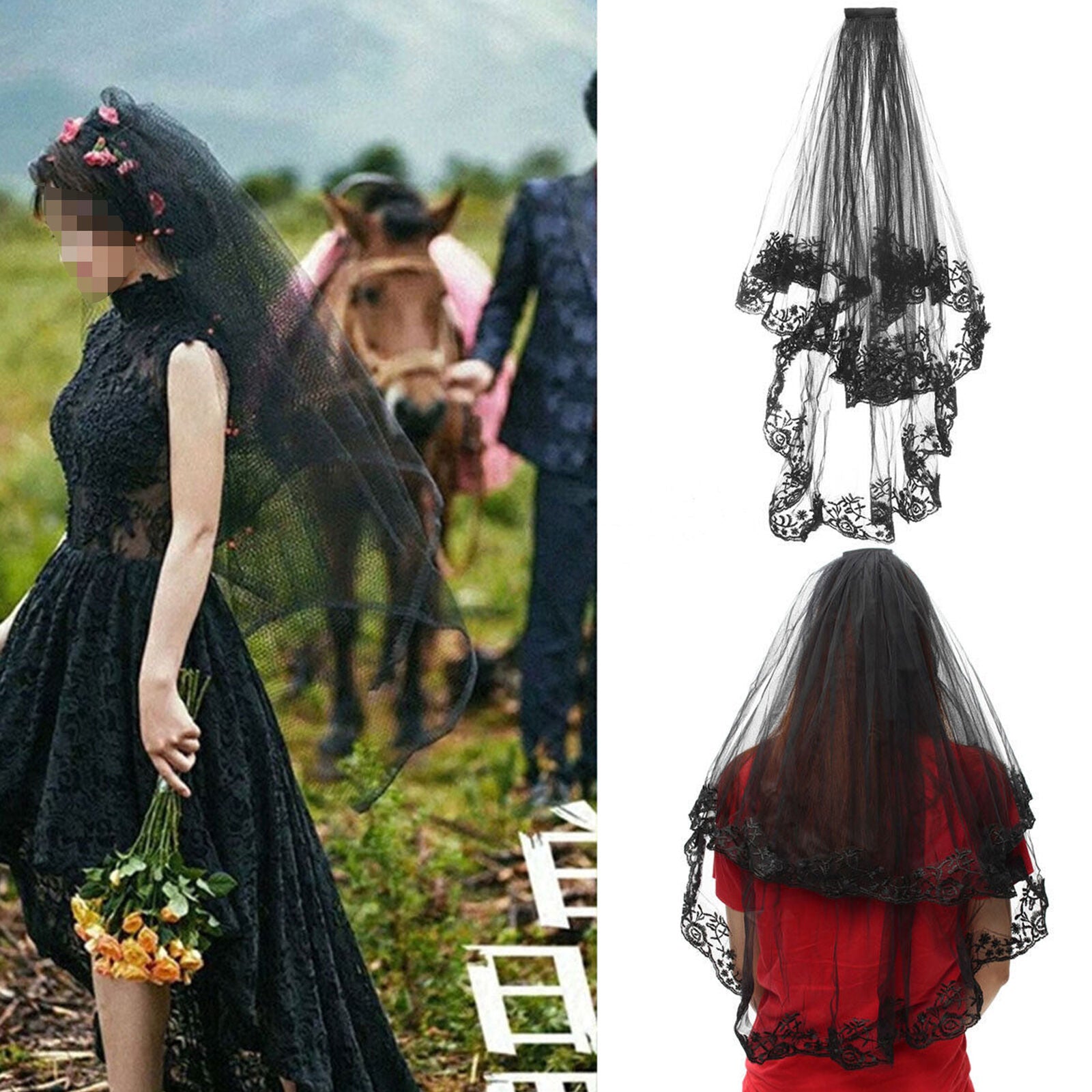 Women Bride Bridal Black Halloween Wedding head hair Lace Party Veil With Comb