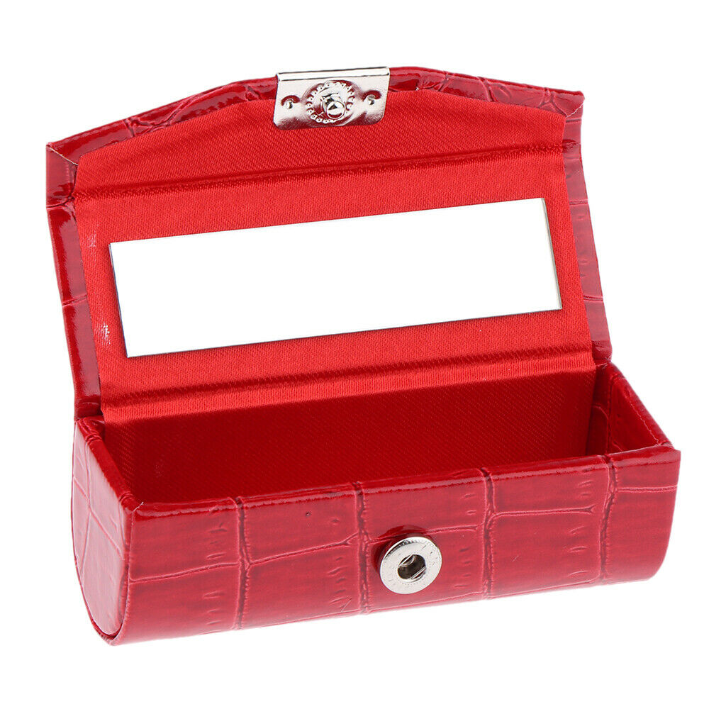 2x Leather Lipstick Case Holder Storage Box with Mirror for Purse Black/Red