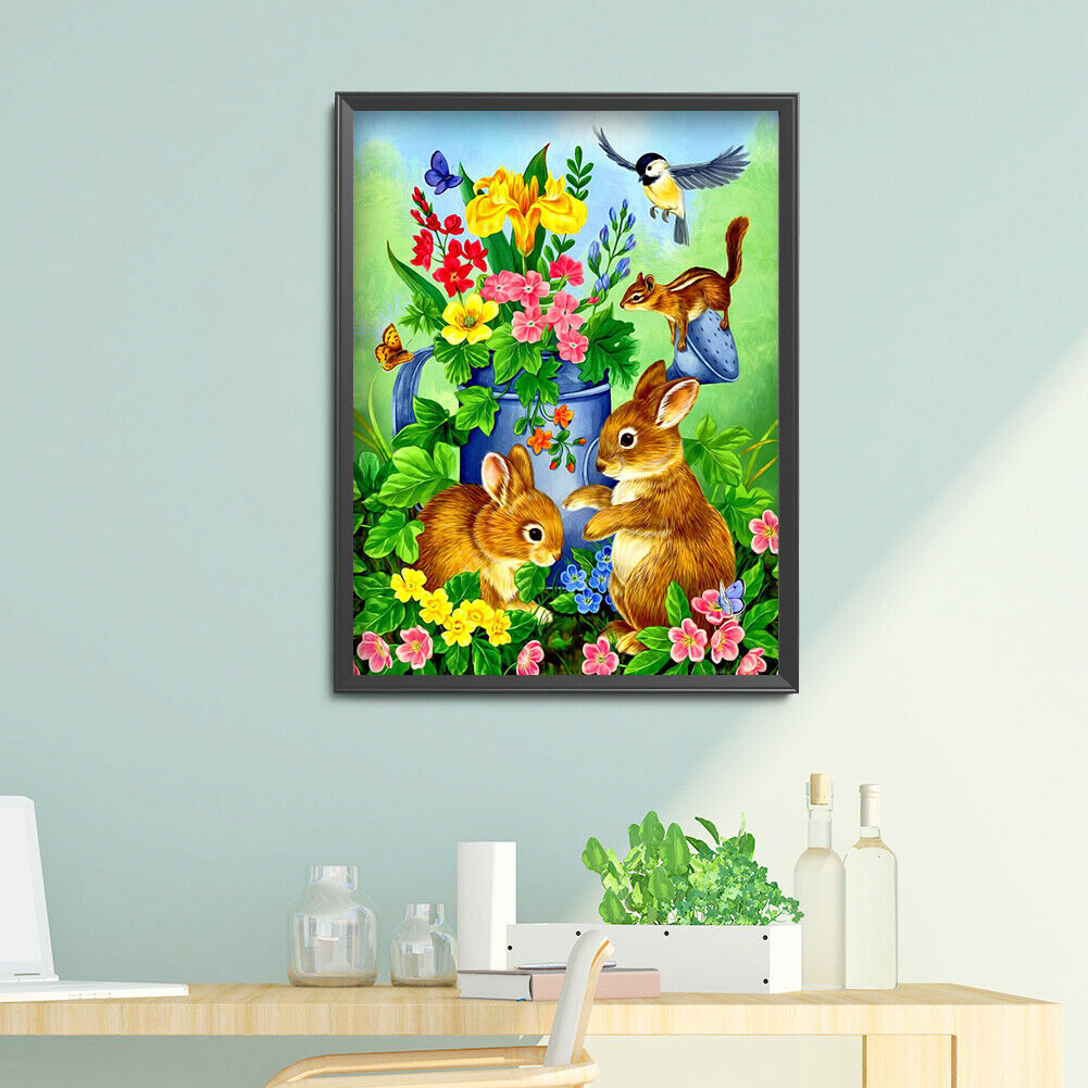 5D DIY Diamond Painting Flower and Rabbit Full Round Drill Picture Handicraft