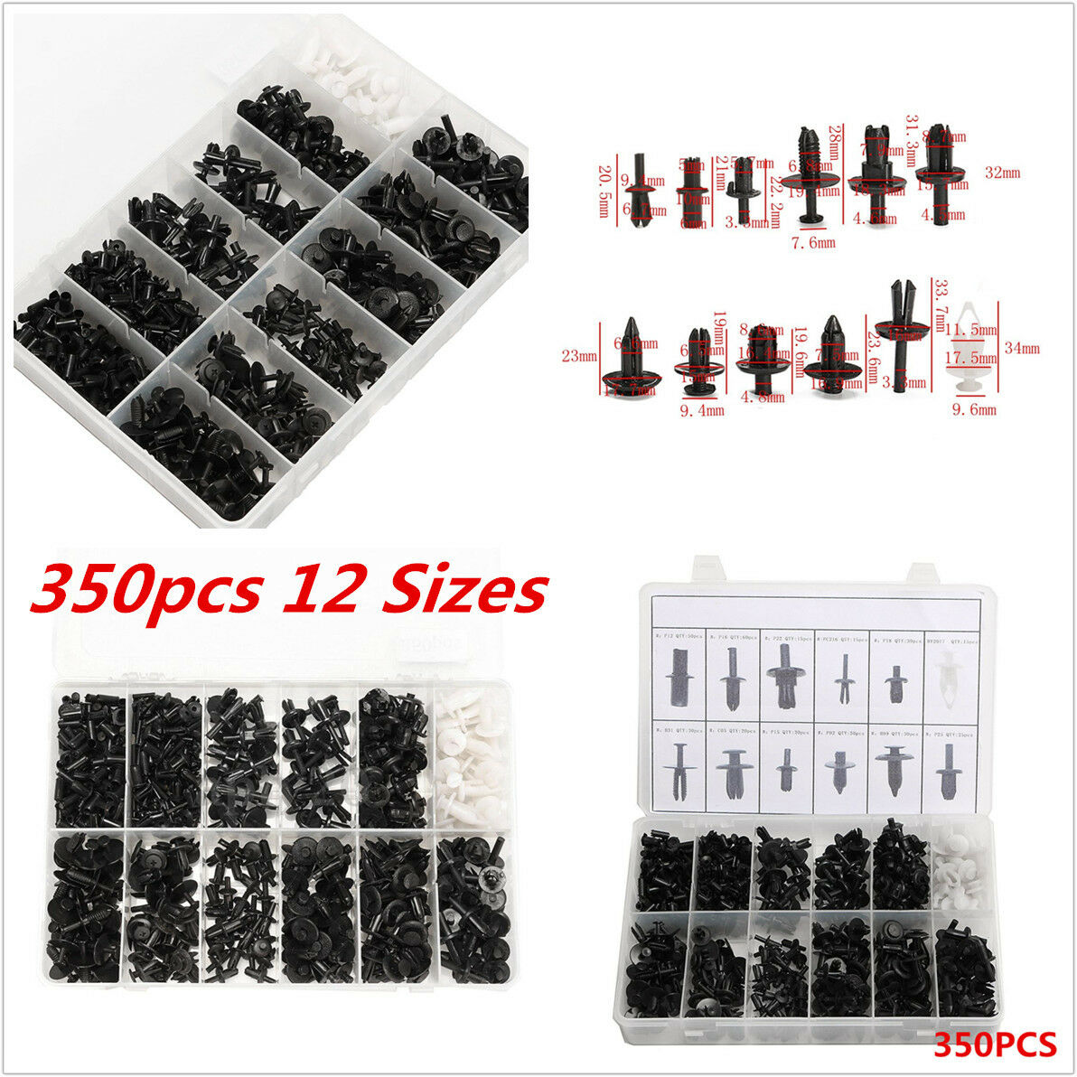 350pcs 12Sizes Car Truck Push Pin Rivet Trim Clip Panel Body Interior Assortment