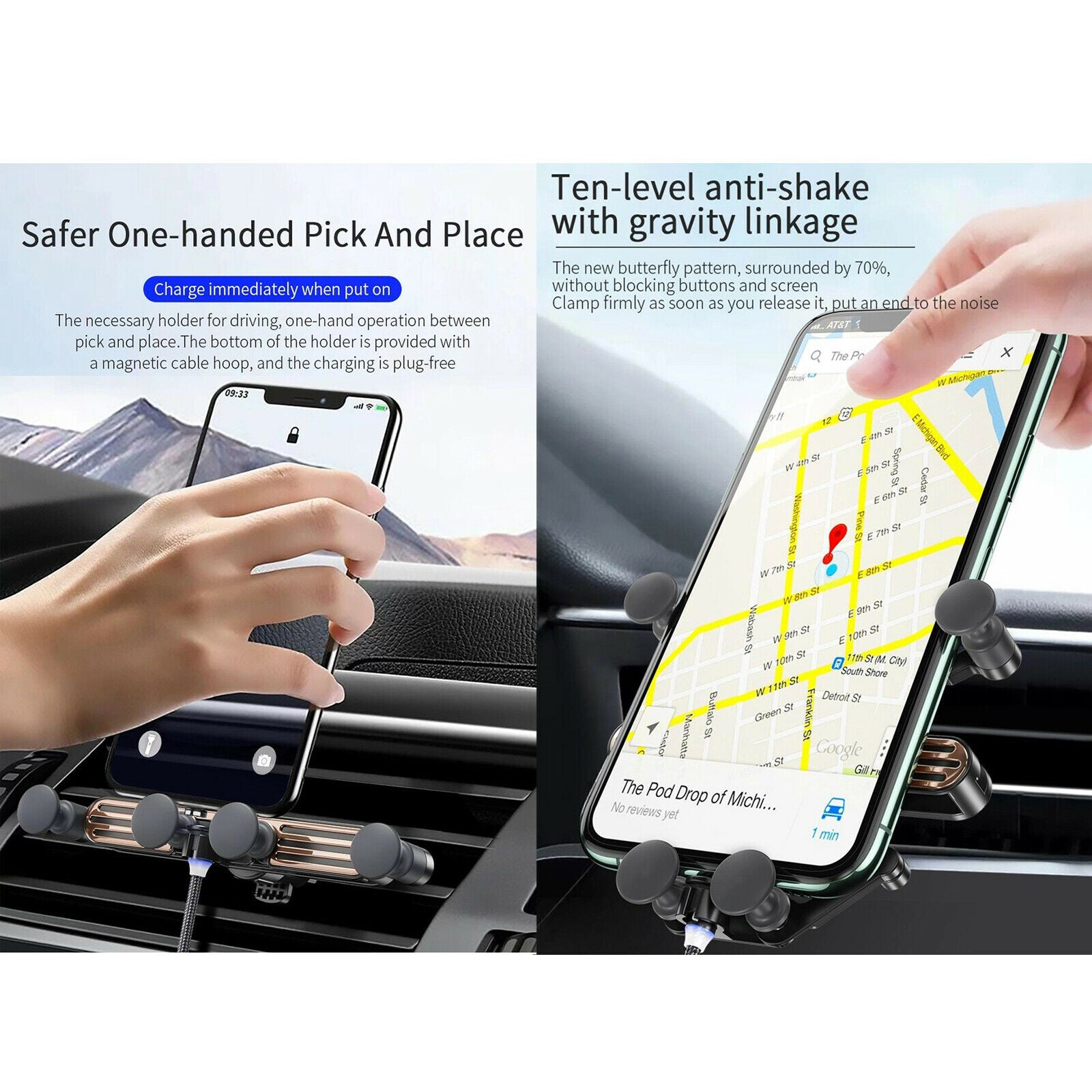 -Touch Cell Phone Holder for Car Air Vent Clip 4-Point Auto-Clamping
