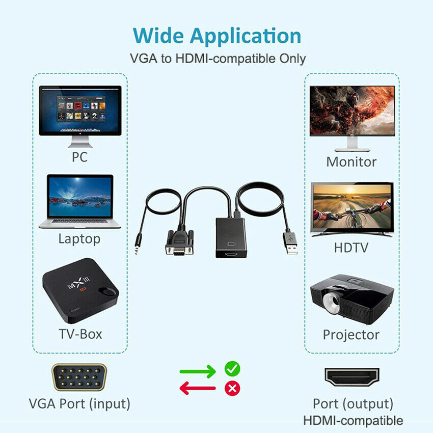VGA To HDMI Converter 1080P HD Adapter With Audio Cable For HDTV PC Laptop