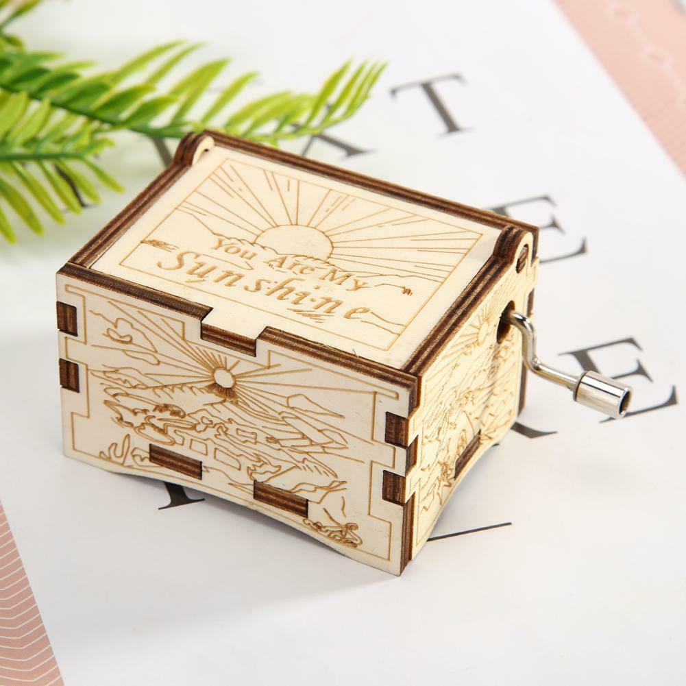 Retro Carved Wooden Manual Music Box Hand Cranked Birthday Gift Ornaments @