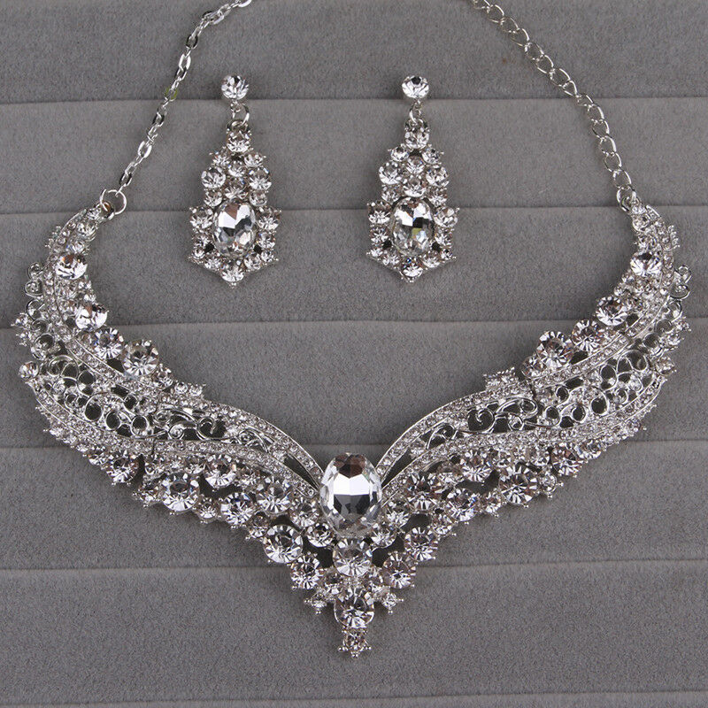 Women Jewelry Sets Wedding Party Bride Crystal Rhinestone Necklace Earrings Tt