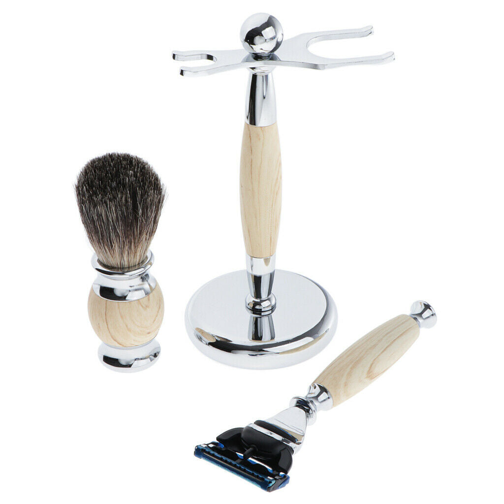 Mens Shaving Kit Gift Set w/5 Layer Blade Razors Brush & Stand Holder Beige