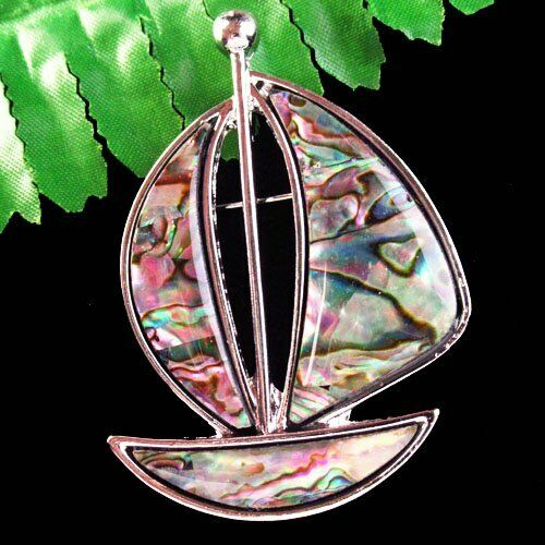 62x45x5mm Wrapped Natural Rainbow Abalone Shell Sailing Brooch Pendant G37351