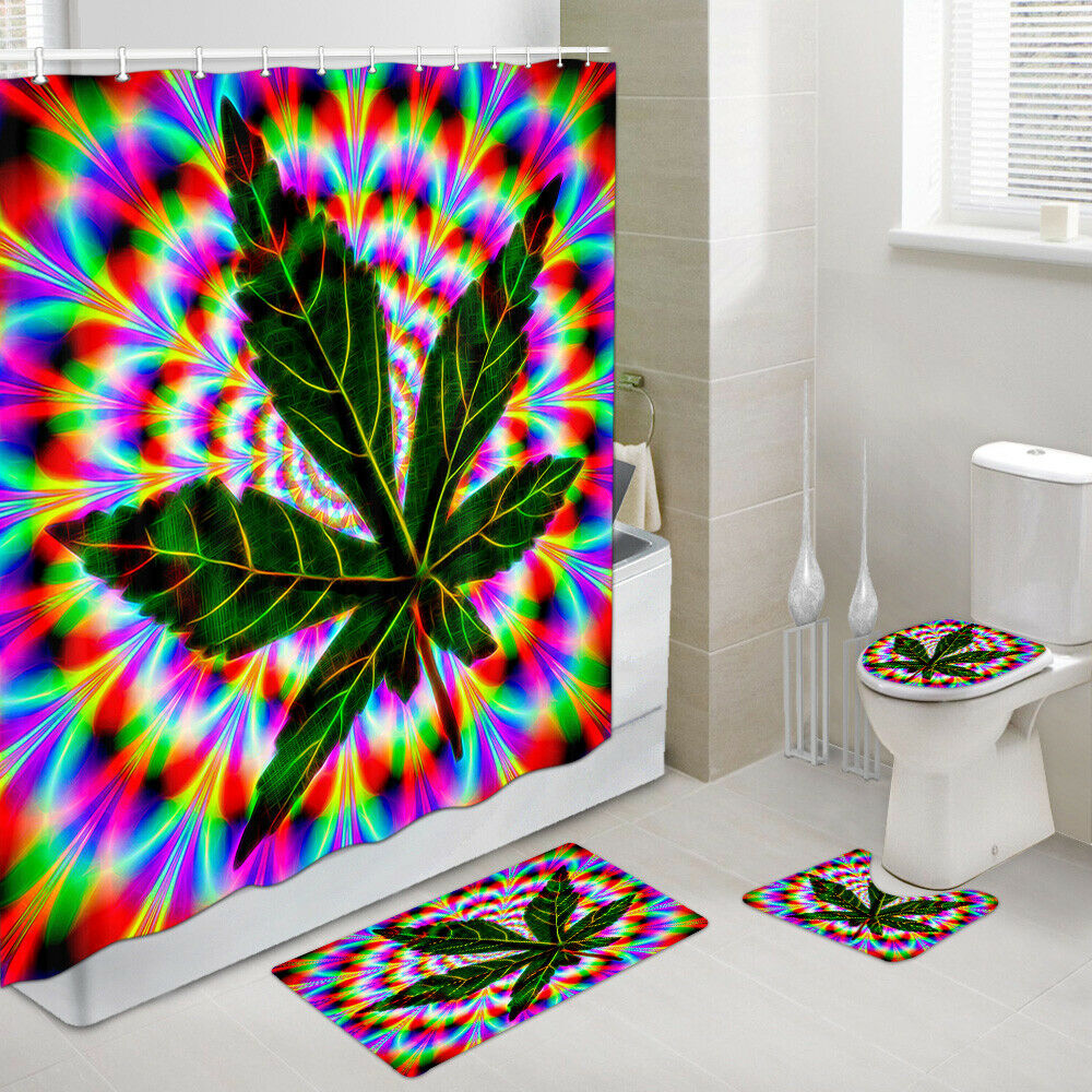 Dazzling Marijuana Leaves Shower Curtain Toilet Cover Rug Mat Contour Rug Set