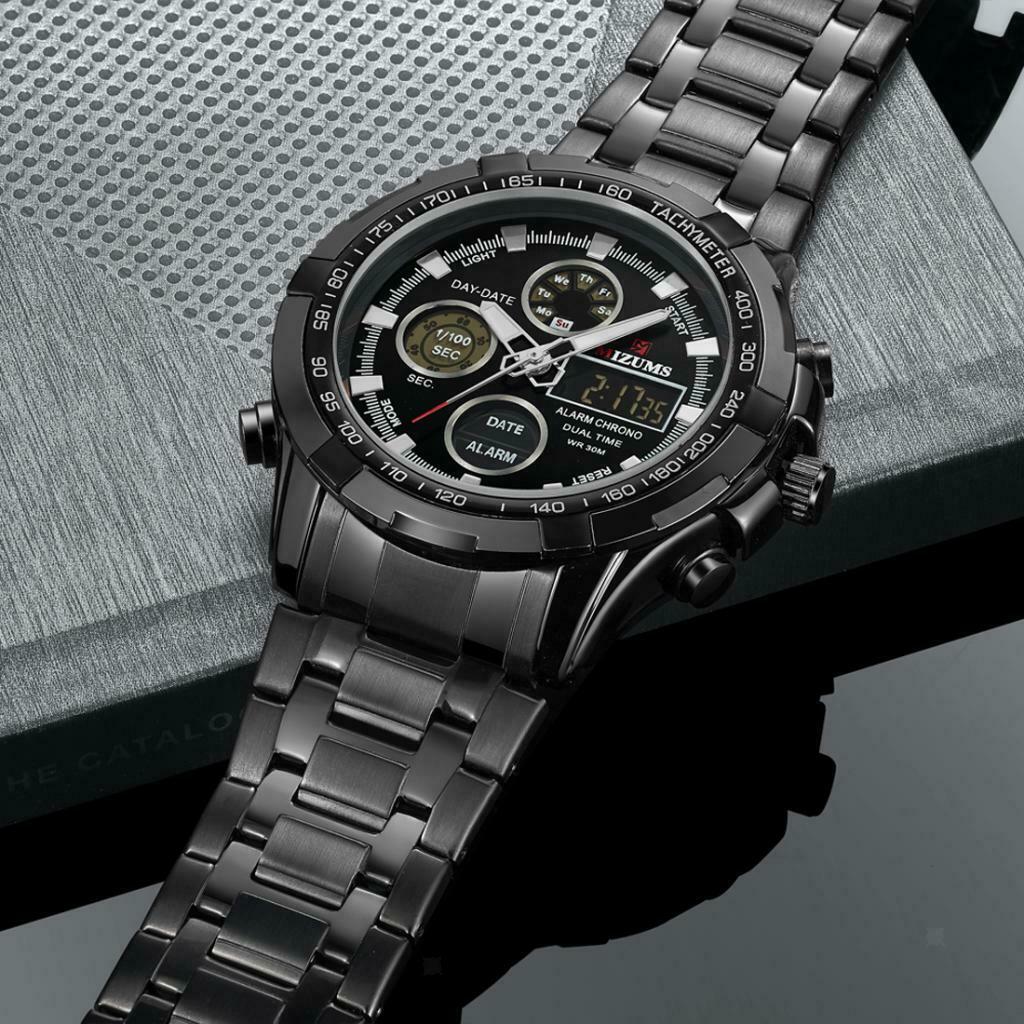 Quartz Waterproof Luminous Steel Belt Sports Watch for Men Black