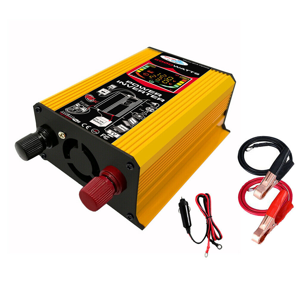 (6000W Peak) Car Power Inverter 12V to 110V Pure Sine Wave Converter Yellow