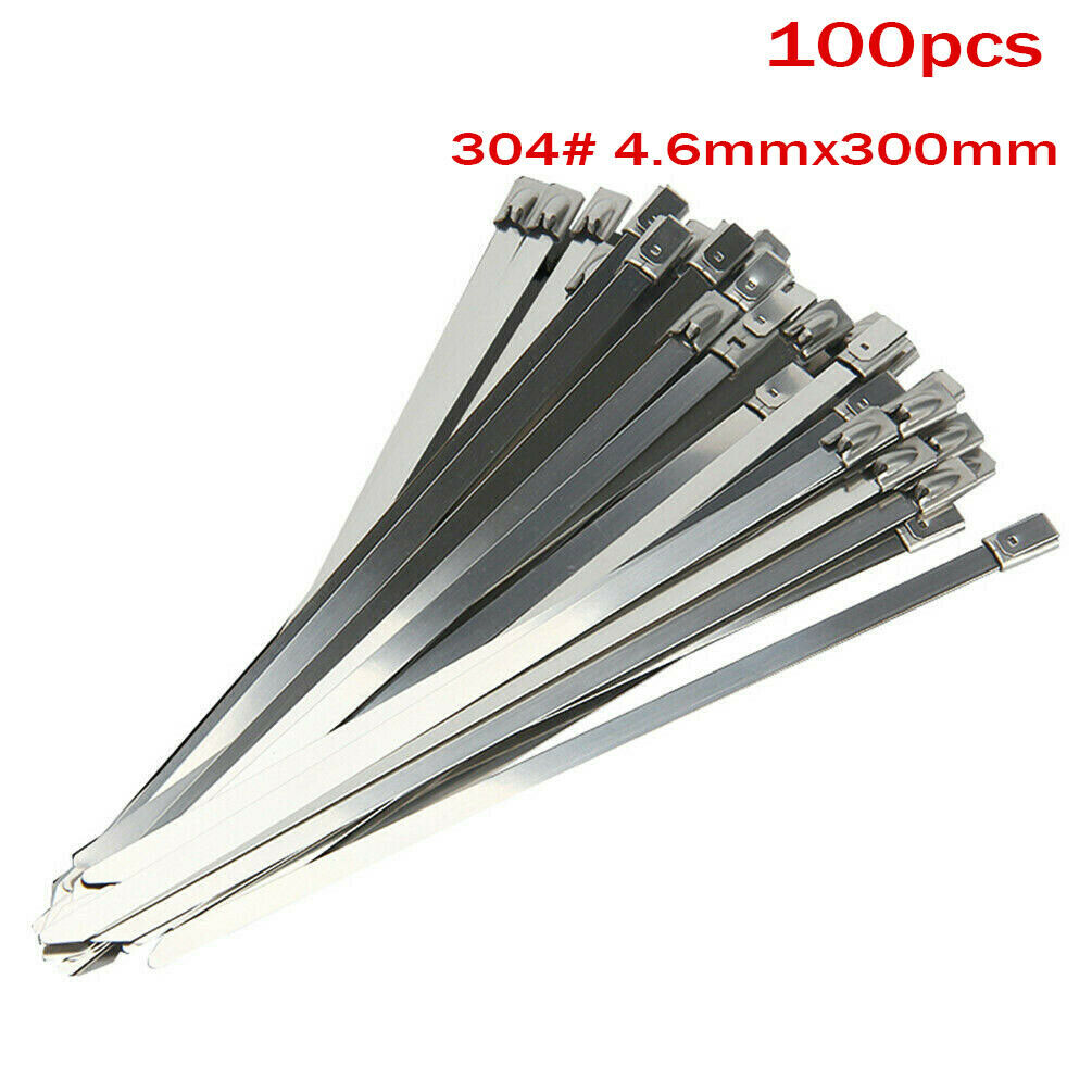 100pcs 300mm x 4.6mm Cable Ties Zip Stainless Steel Metal Heat Wrap Exhaust 304