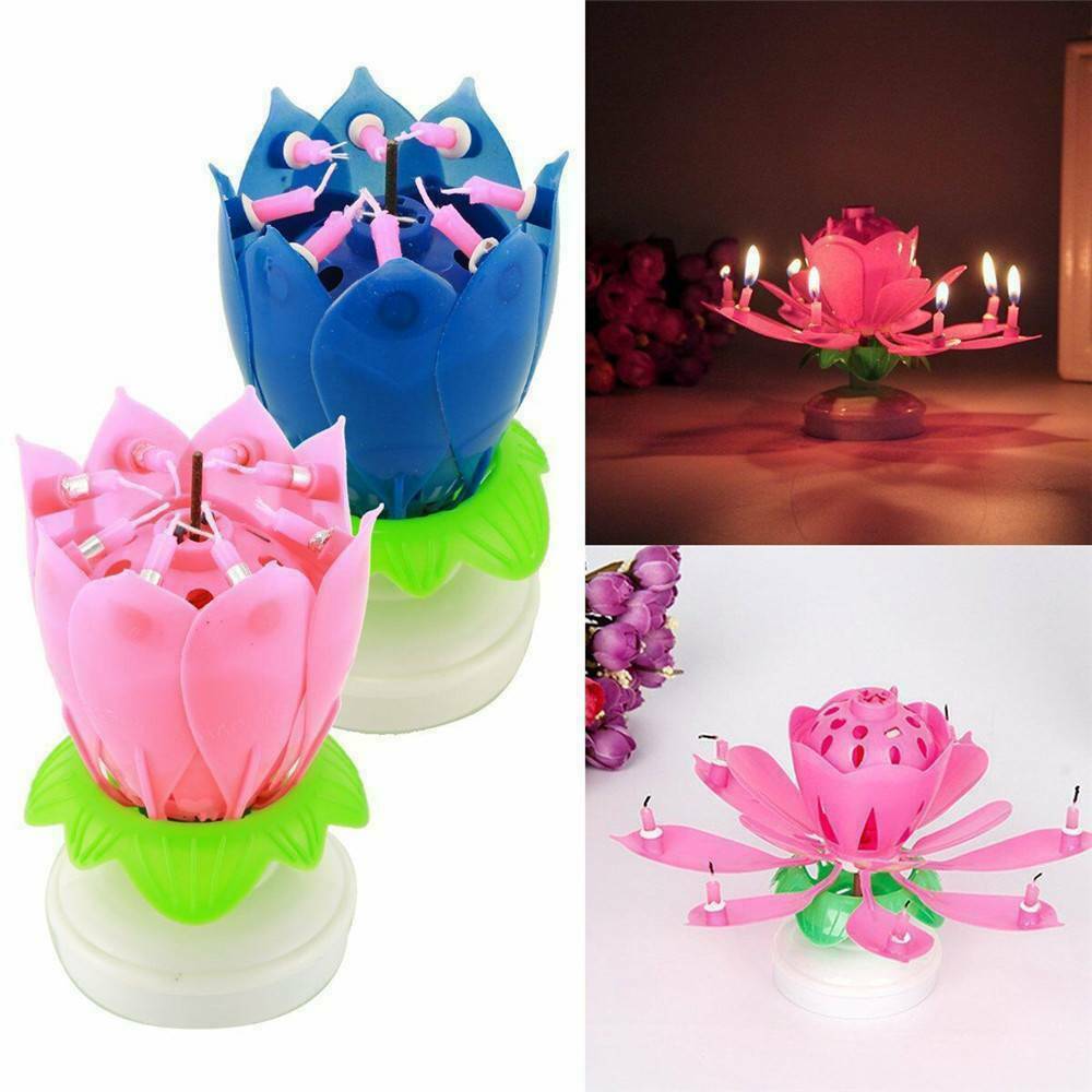 Musical Charming Lotus Flower Rotating Happy Birthday Party Lights Candle Gifts
